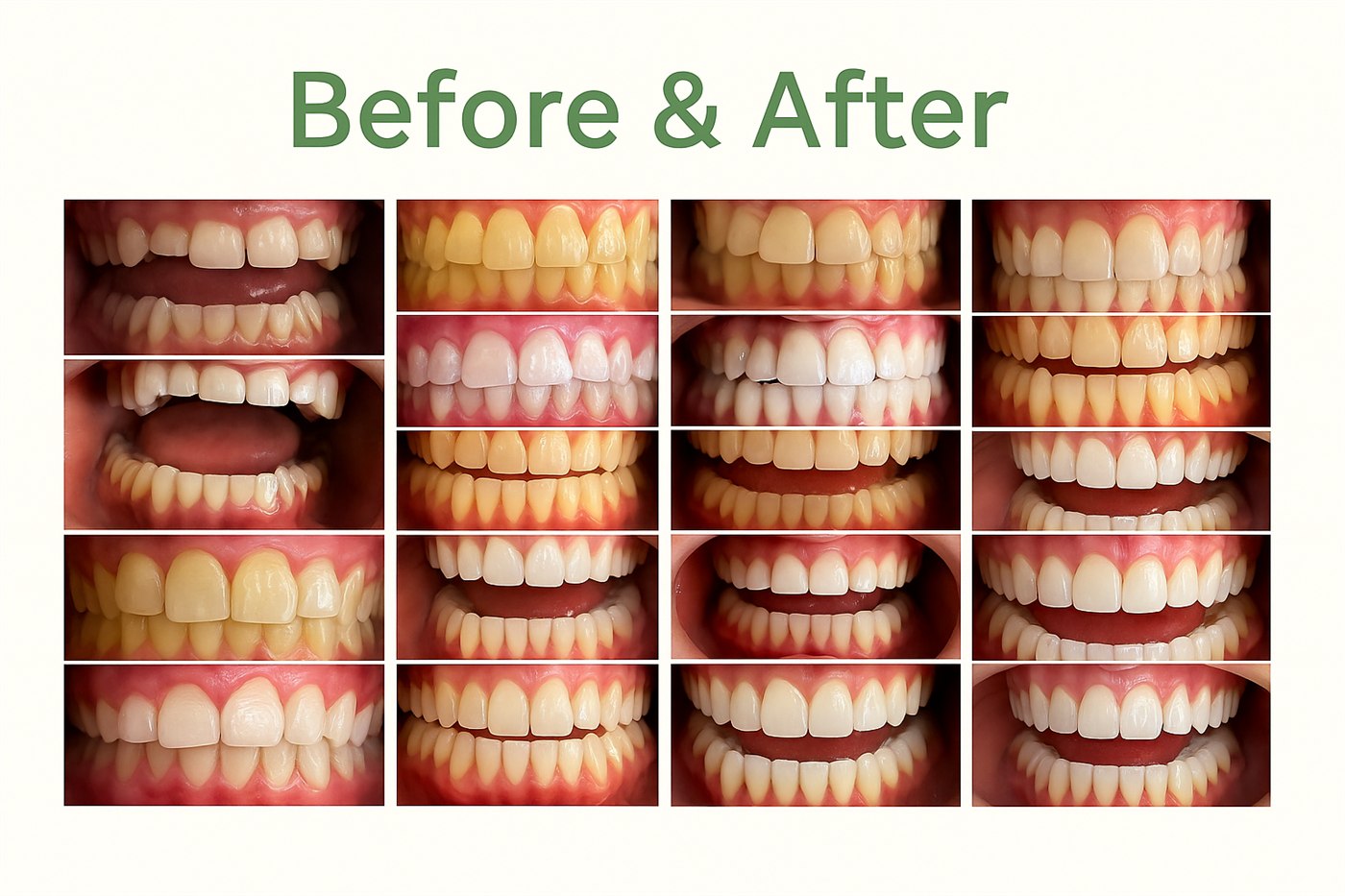 Eight before-and-after pairs of client smiles after in-chair whitening