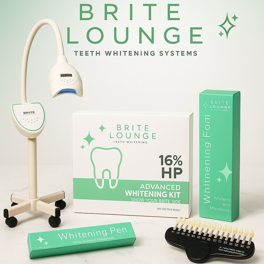 The Brite Lounge product family: the Brite Lite 6200 light, the Advanced Whitening Kit, Whitening Foam, Whitening Pen and tooth shade gauge